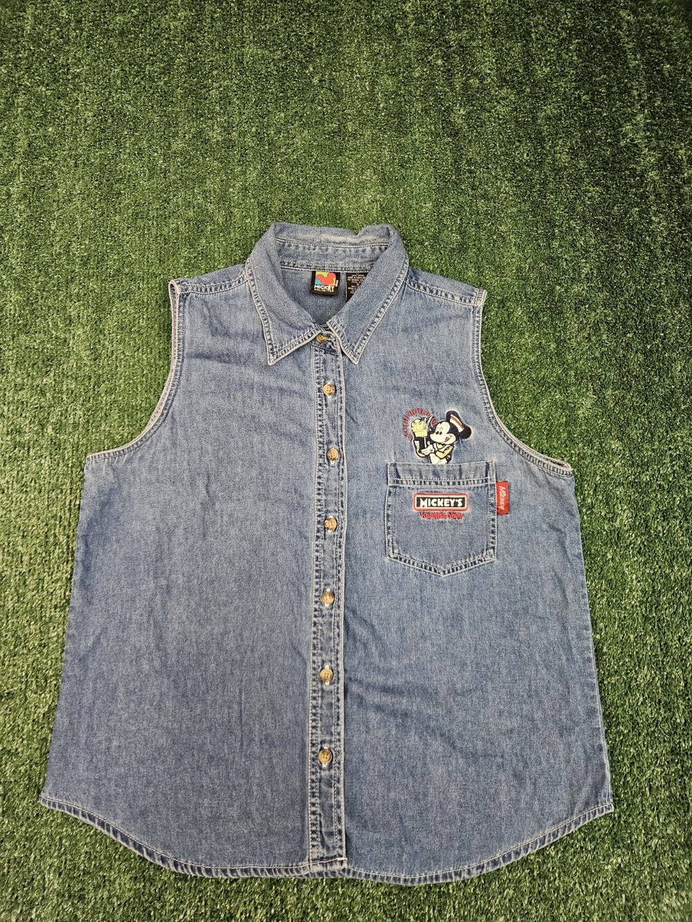 Mickey Mouse Fountain Shop Shirt W Sz L Blue Denim Disney Sleeveless Embroidered